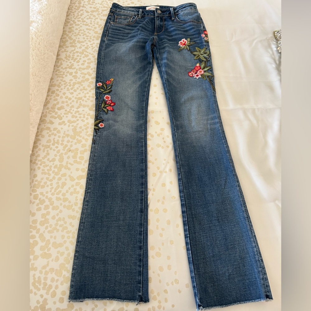 DRIFTWOOD Blue Boot Cut Jeans with Pink Floral Embroidery - Picture 4 of 11